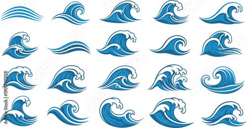 Collection of ocean wave illustrations from various viewpoints showcasing different wave styles