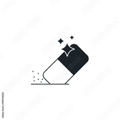Magic eraser tool icon. Rubber eraser leaving trail of sparkles. AI remove object and photo retouching symbol vector illustration.