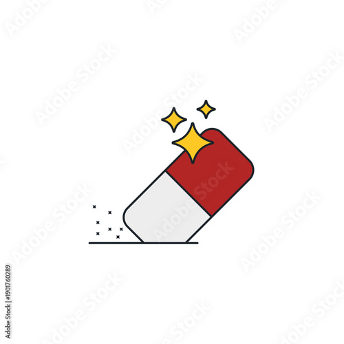 Magic eraser tool icon. Rubber eraser leaving trail of sparkles. AI remove object and photo retouching symbol vector illustration.