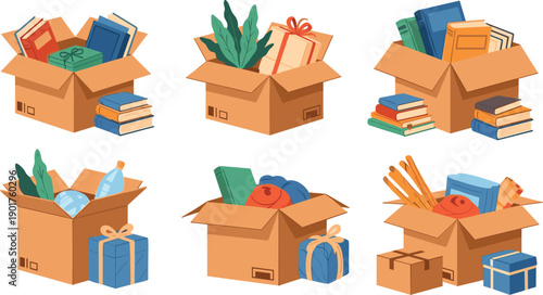 Collection of open cardboard boxes filled with various items and gifts viewed from above
