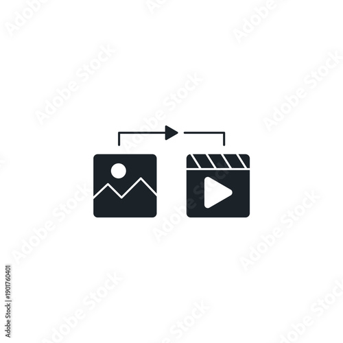 Image to video AI converter icon. Photo turning into movie clip animation symbol. Artificial intelligence motion generator vector illustration.