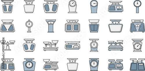Collection of kitchen scales and cooking utensils displayed neatly in a grid arrangement from a direct overhead viewpoint