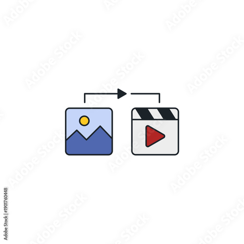 Image to video AI converter icon. Photo turning into movie clip animation symbol. Artificial intelligence motion generator vector illustration.