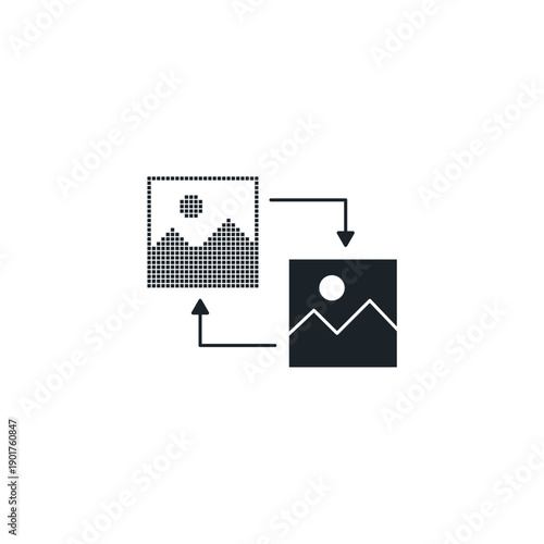 AI style transfer icon. Paintbrush applying artistic filter to photo. Artificial intelligence art effect and pattern generator vector illustration.