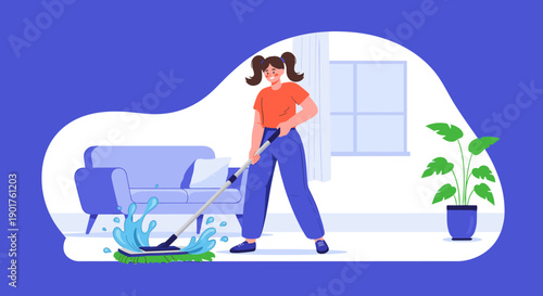 Young woman cleaning her living room by mopping the floor in a bright and modern apartment with a sofa and plant.