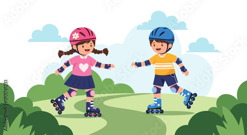 Boy and girl wearing safety gear while roller skating together on a path in a beautiful green park on a sunny day.