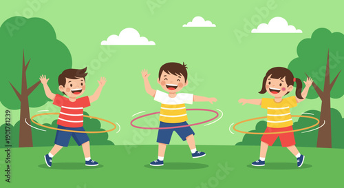 Three active children playing with colorful hula hoops in a green park with trees and grass on a bright sunny day.