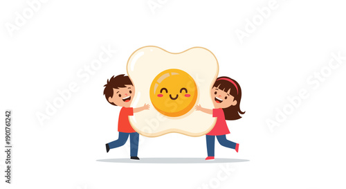 Two happy children, a boy and a girl, holding and hugging a giant fried egg character with a smiling face on a white background.