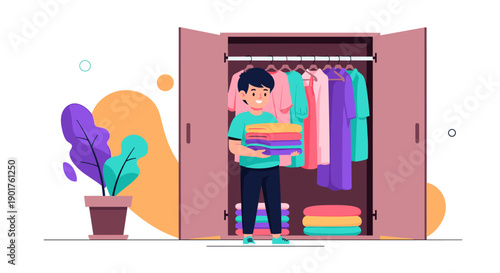 Tidy young boy organizing his clothes by folding them and putting them into a neat closet with colorful garments.