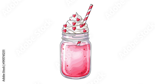 Delicious pink strawberry milkshake in a glass jar topped with whipped cream, heart sprinkles, and a striped straw.