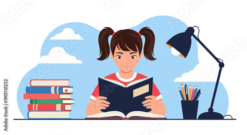 Dedicated young girl studying and reading a book at her desk with a lamp, stationery, and a stack of books behind.