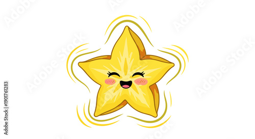 Cheerful star fruit character with a happy smiling face and rosy cheeks on a white background with decorative motion lines.
