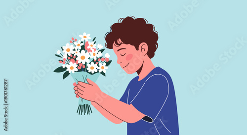 Happy young boy with curly hair smiling and holding a beautiful bouquet of white daisies against a light blue background.