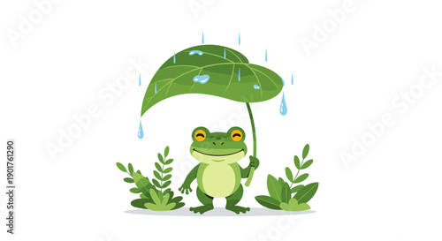 Cheerful little green frog standing in the rain while holding a large green leaf over its head like an umbrella in a garden.