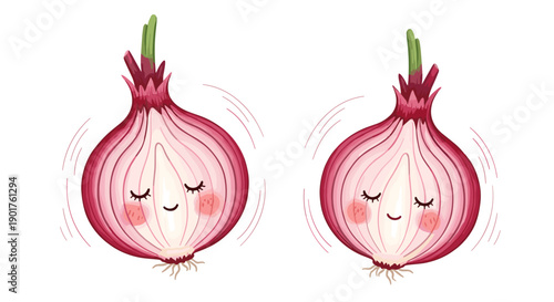 Two cute red onion half characters with peaceful sleeping faces and rosy cheeks on a plain white background for cooking themes.