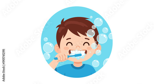 Happy young boy with brown hair brushing his teeth with a blue toothbrush surrounded by bubbles in a circular frame.