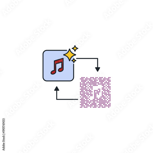 AI music generator icon. Musical notes rising from digital binary matrix. Artificial intelligence song composition tool vector illustration.