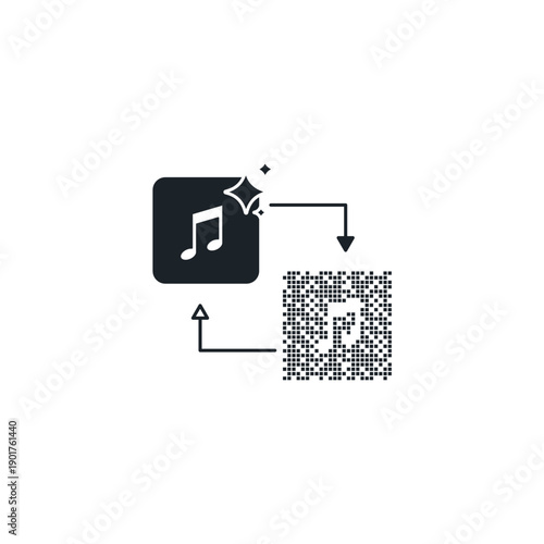 AI music generator icon. Musical notes rising from digital binary matrix. Artificial intelligence song composition tool vector illustration.