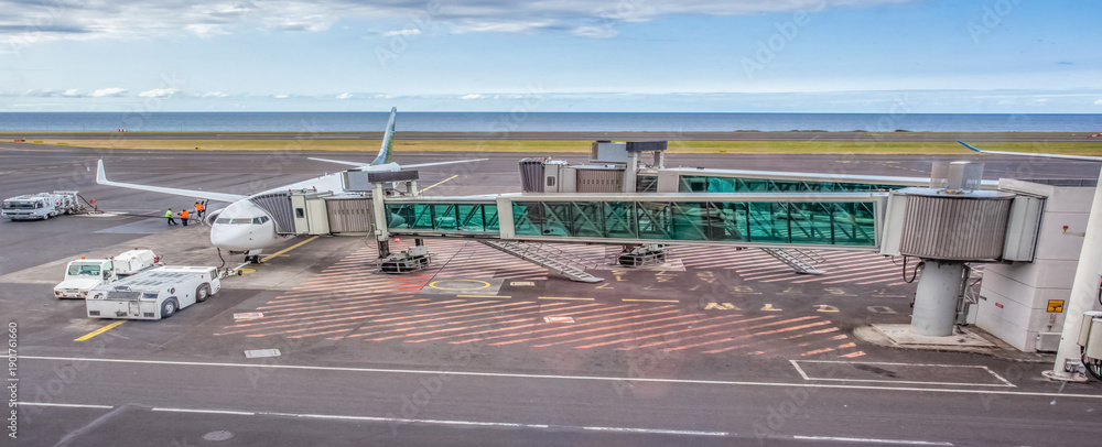 Fototapeta premium Avion de ligne relié à sa passerelle d’embarquement 