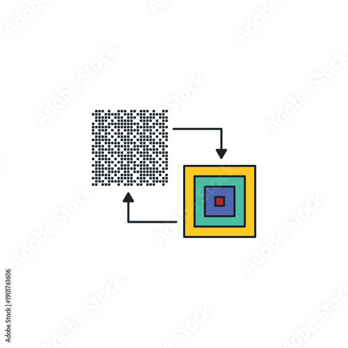 Image upscaling icon. Low resolution pixelated square turning into high quality sharp photo. AI enhance and resize vector illustration.