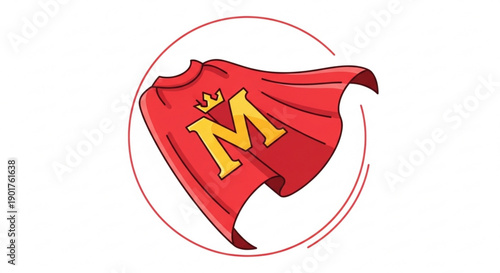 Red superhero cape with golden 'm' and crown flying in circle symbolizing heroism and power