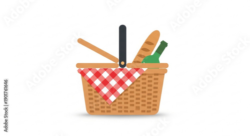 Wicker picnic basket with red and white checkered cloth bread knife and bottle