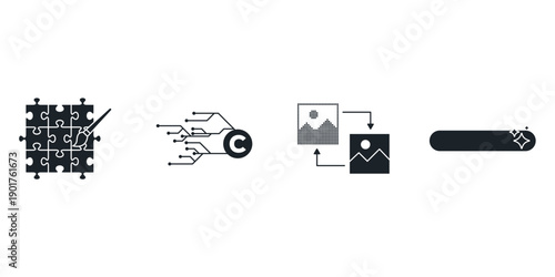 Generative AI creative tools vector icons set. Artificial intelligence art creation symbols including text to image, video generation and magic edit. Digital technology illustration.