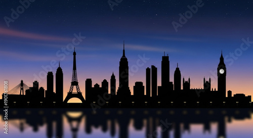 Silhouette of a city skyline at sunset with famous landmarks like eiffel tower and big ben reflecting on water urban landscape