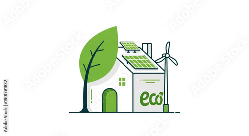 Eco friendly house with solar panels and wind turbine green tree sustainable living concept renewable energy environmental conservation