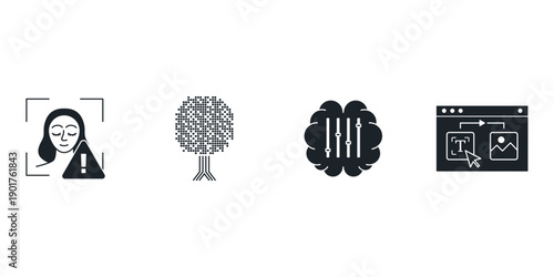 Generative AI creative tools vector icons set. Artificial intelligence art creation symbols including text to image, video generation and magic edit. Digital technology illustration.
