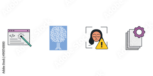 Generative AI creative tools vector icons set. Artificial intelligence art creation symbols including text to image, video generation and magic edit. Digital technology illustration.