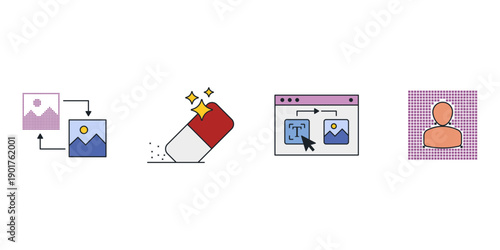 Generative AI creative tools vector icons set. Artificial intelligence art creation symbols including text to image, video generation and magic edit. Digital technology illustration.