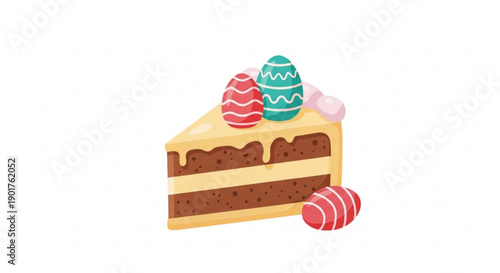Easter chocolate cake slice with decorated eggs on top and white background