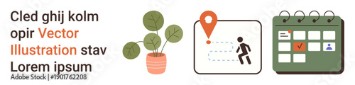 Business organization, travel planning, work schedules, productivity tools, navigation, minimal aesthetic. A potted plant, a navigation icon with a person and a calendar. Travel planning