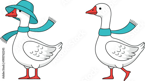 Cute Goose Characters Wearing Winter Scarf and Hat Set with Funny Cartoon Birds Standing and Walking Flat Vector Illustration