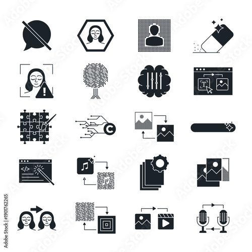 Generative AI creative tools vector icons set. Artificial intelligence art creation symbols including text to image, video generation and magic edit. Digital technology illustration.