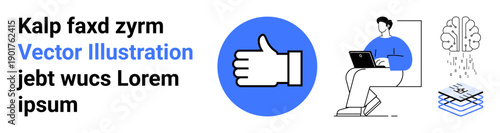 Digital engagement, approval, technology communication, cognitive processes, remote work, online platforms. Thumbs up icon, person with laptop brain and digital layers. Digital engagement