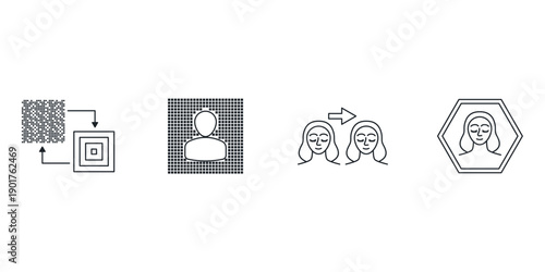 Generative AI creative tools vector icons set. Artificial intelligence art creation symbols including text to image, video generation and magic edit. Digital technology illustration.