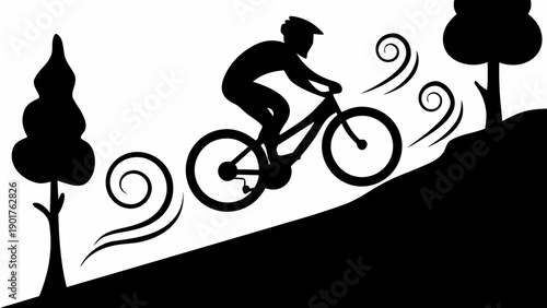 Cyclist riding down a hill with trees and swirling wind