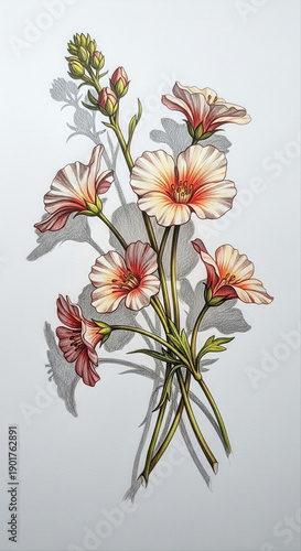 Pressed flower arrangement on a card isolated on white background showcasing delicate pink and orange blooms with green stems in a botanical style
