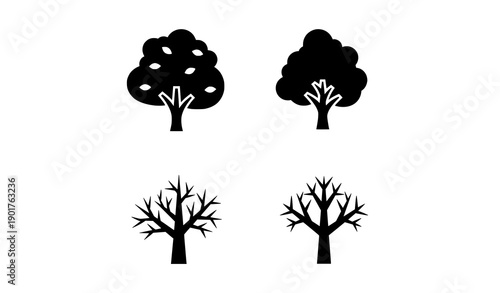 Four Trees Growth Progression Silhouette Vector From Sapling to Old Tree Leafy and Leafless Stages