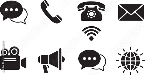 Modern Communication and Multimedia Icon Set Featuring Speech Bubbles Retro Telephones Video Cameras Megaphones and Global Connectivity Network Symbols
