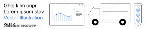Data analysis, logistics, biotechnology, delivery services, business operations, science communication. Graph on monitor, truck DNA tube. Data analysis and logistics together
