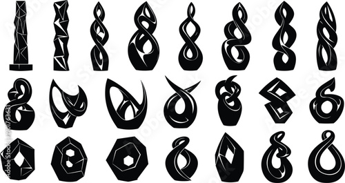 Abstract modern sculpture silhouettes collection, futuristic geometric 3D art shapes vector set, decorative minimal forms, black contemporary design elements, isolated background