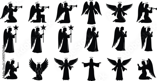 Angel silhouettes collection, heavenly winged figures playing trumpets and praying poses vector set, religious spiritual guardians, black sacred illustration icons