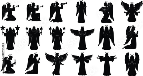 Angel silhouettes collection, religious heavenly figures with wings and halos vector set, spiritual guardian poses, black sacred illustration icons
