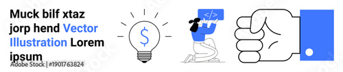 Financial planning, software development, coding education, creativity, innovation, digital technology. A light bulb with a dollar sign, a developer coding and a hand with an object. Financial