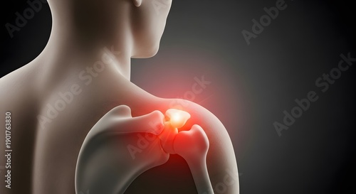 Shoulder dislocation and bone fracture illustration. Orthopedic clinic and joint health. 3D anatomical view of human shoulder bones with glowing red pain