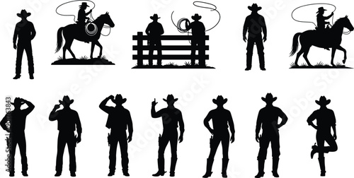 Cowboy silhouette collection, western rider and ranch scenes, lasso horse poses, black vector illustration set, isolated figures for design projects, branding
