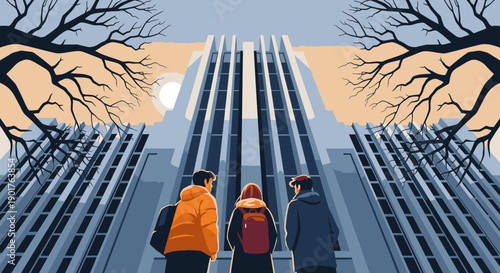 Three young individuals stand together, gazing upwards at a towering, modern architectural marvel under a clear sky, framed by the stark branches of winter trees.